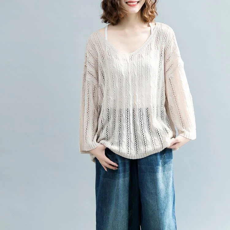 women beige  sweater Loose fitting v neck knitted blouses 2018 hollow out fall blouse