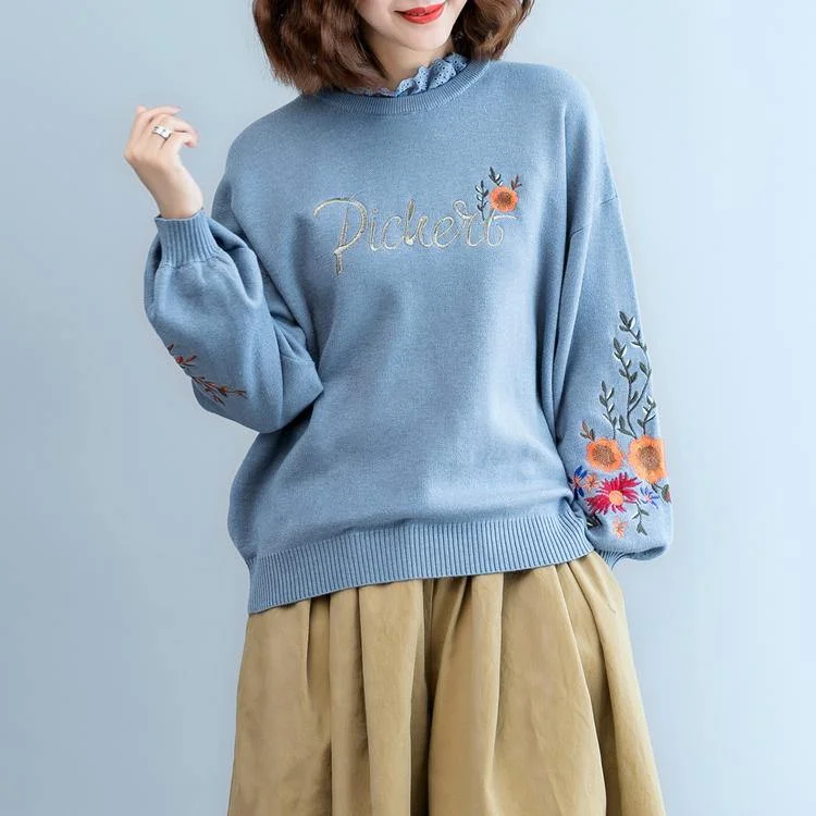 women blue  cozy sweater plus size clothing embroidery pullover top quality lace  o neck top