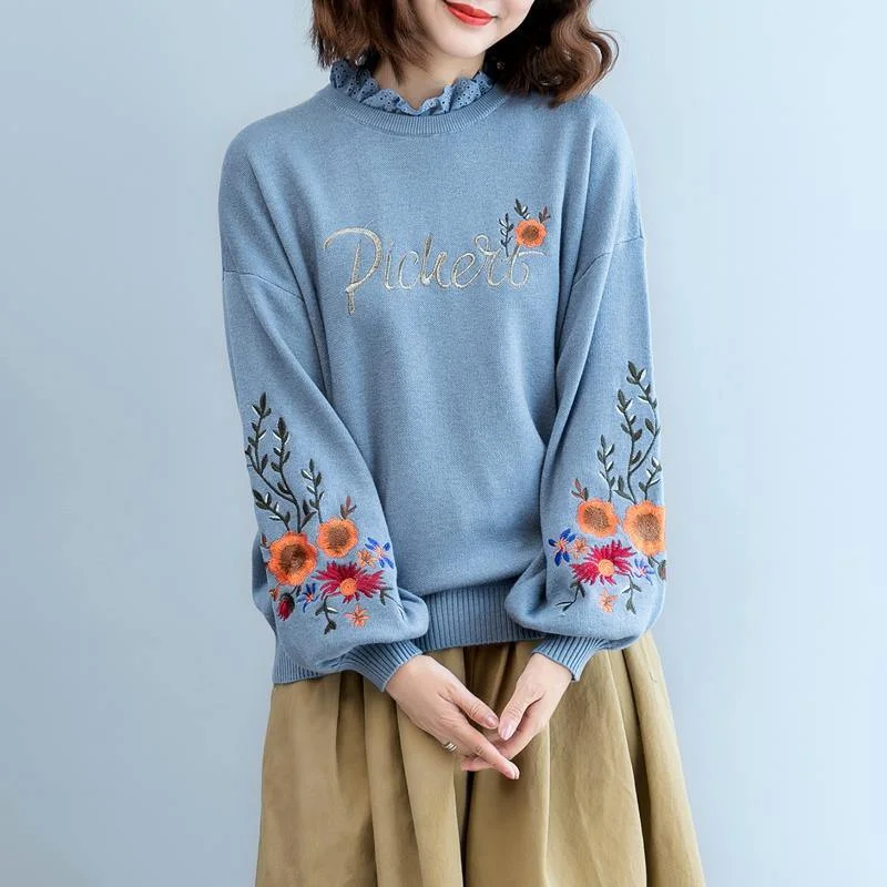 women blue  cozy sweater plus size clothing embroidery pullover top quality lace  o neck top