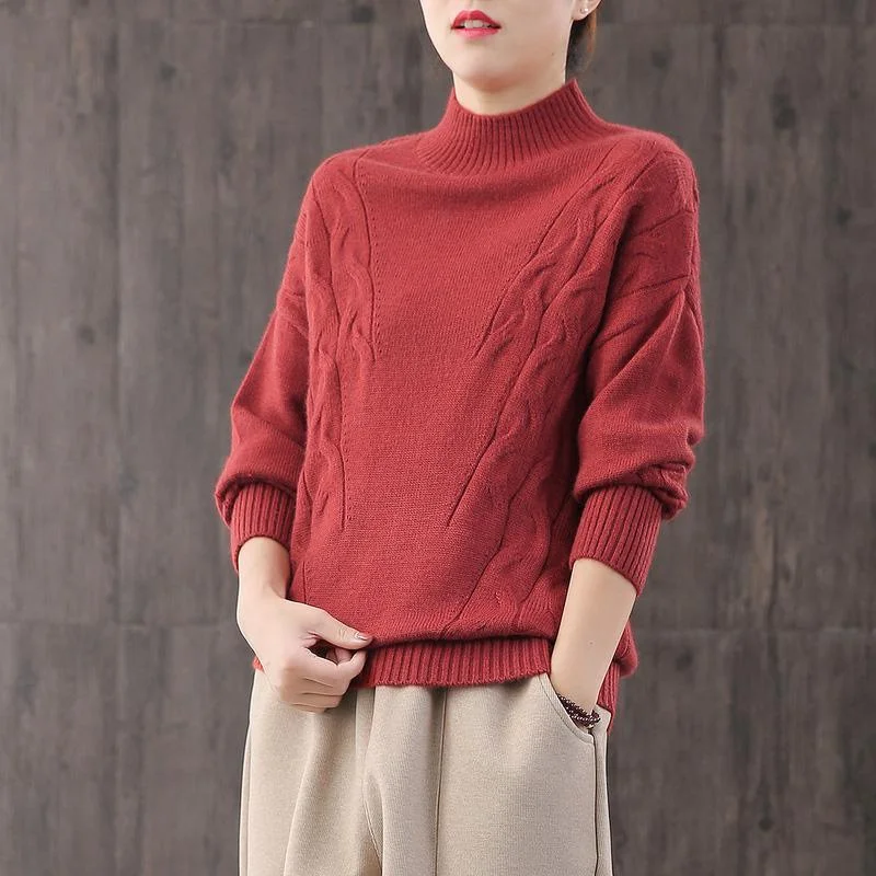 Women red sweater tops oversized knitwear high neck