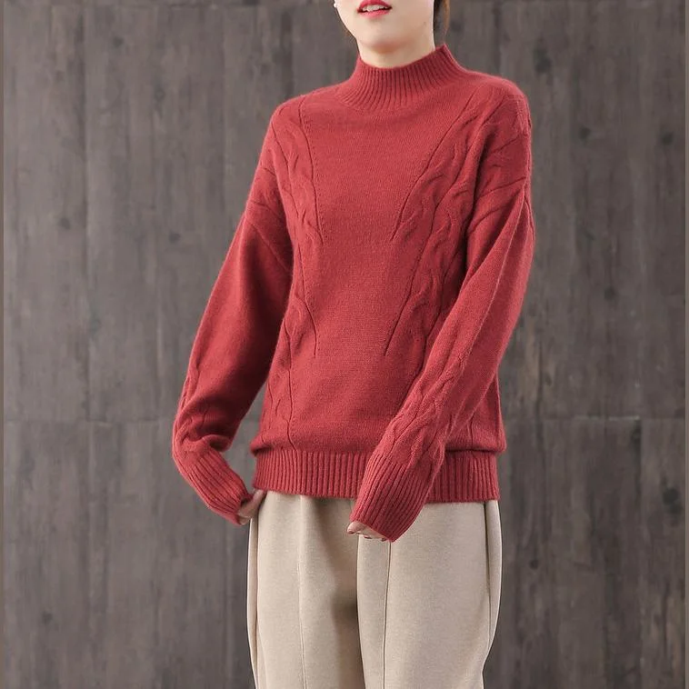 Women red sweater tops oversized knitwear high neck