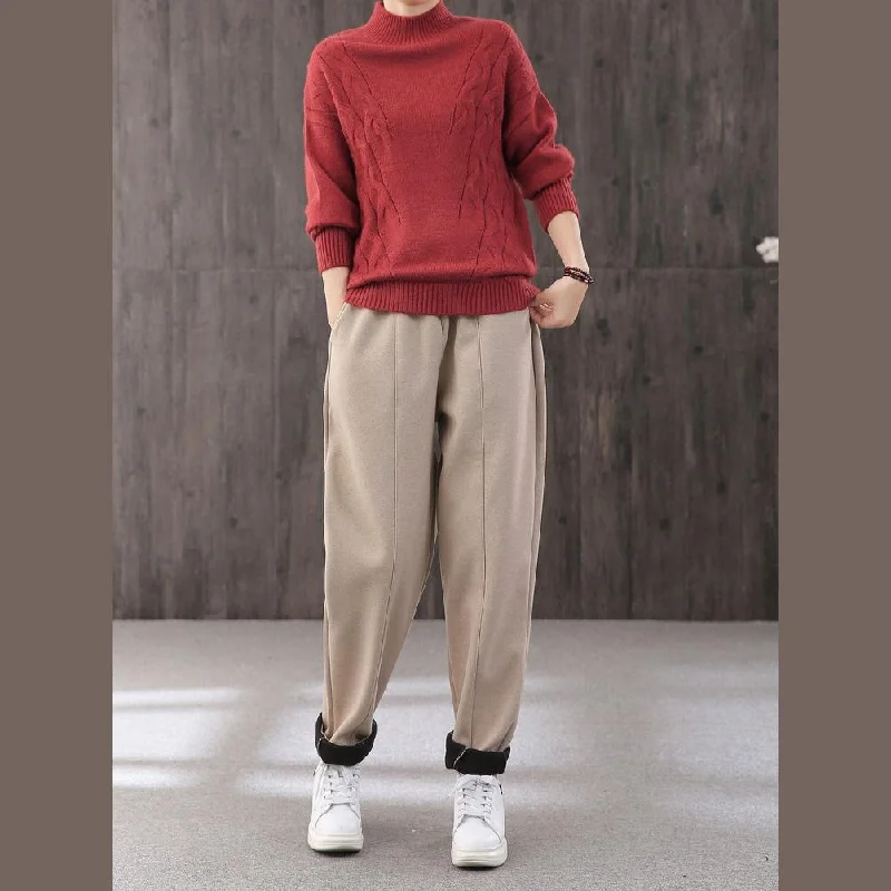 Women red sweater tops oversized knitwear high neck