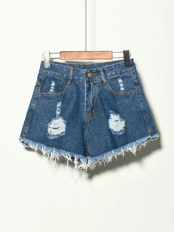 5 Colors Women Pocket Hollow Ripped Denim Shorts