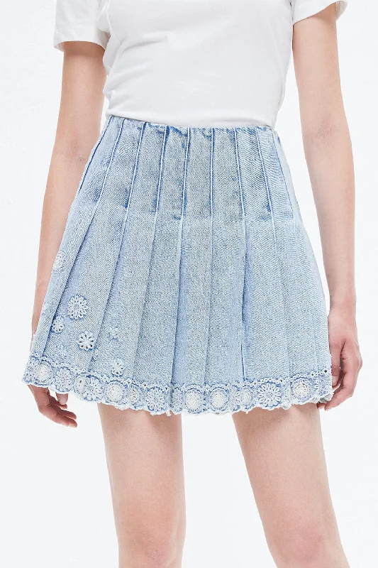 Denim Pleated Culottes With Flower Edge