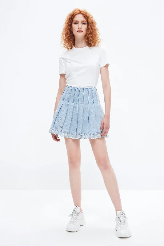 Denim Pleated Culottes With Flower Edge