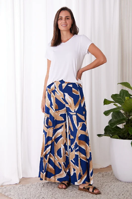 Farina Palazzo Pants - Navy/Brown Watercolour