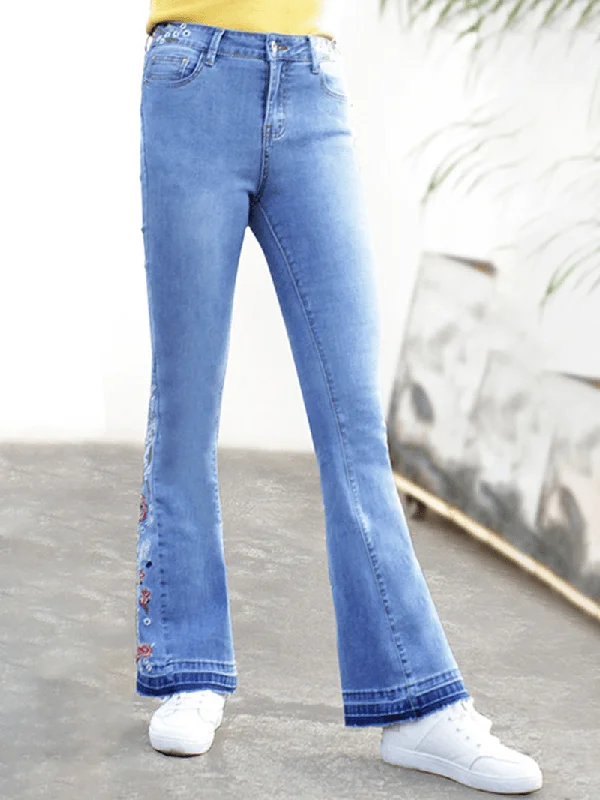 Floral Embroidered High Waist Denim Flared Pants