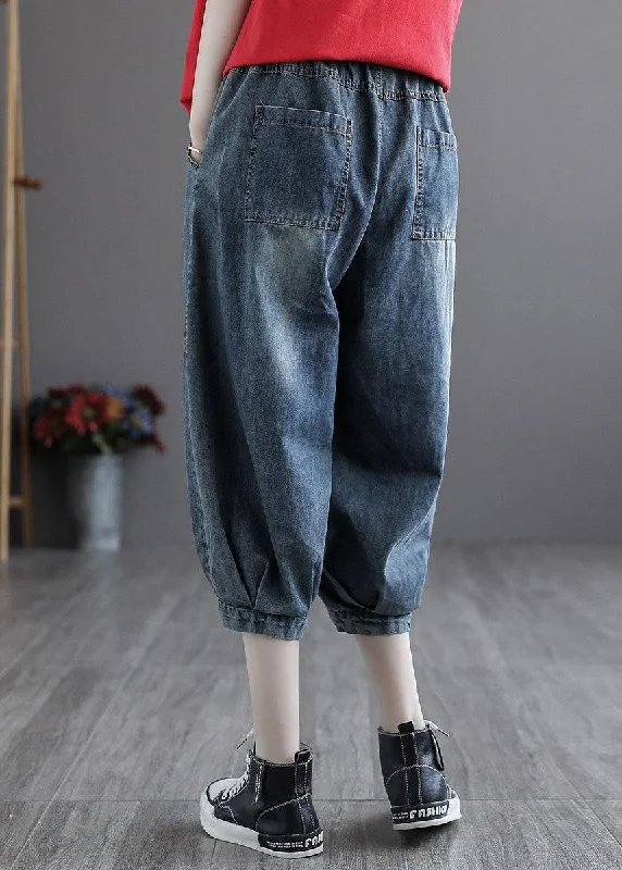 Italian Blue Pockets Elastic Waist Harem Pants denim