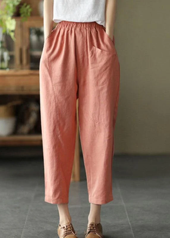 Loose Light Green Pockets Summer Pants Linen