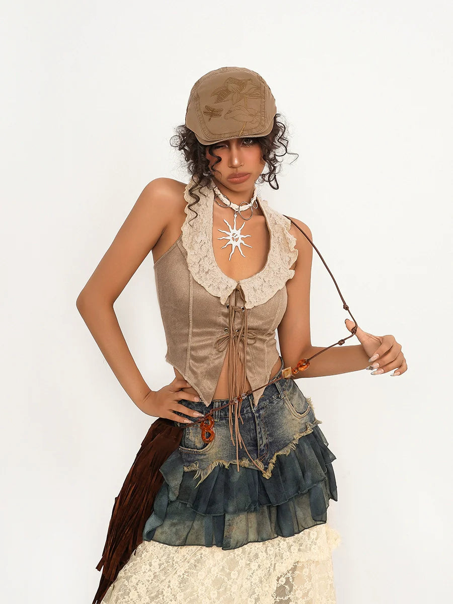 Nico Molly Vintage-Inspired Lace Collar Vest - Taupe (Women's)