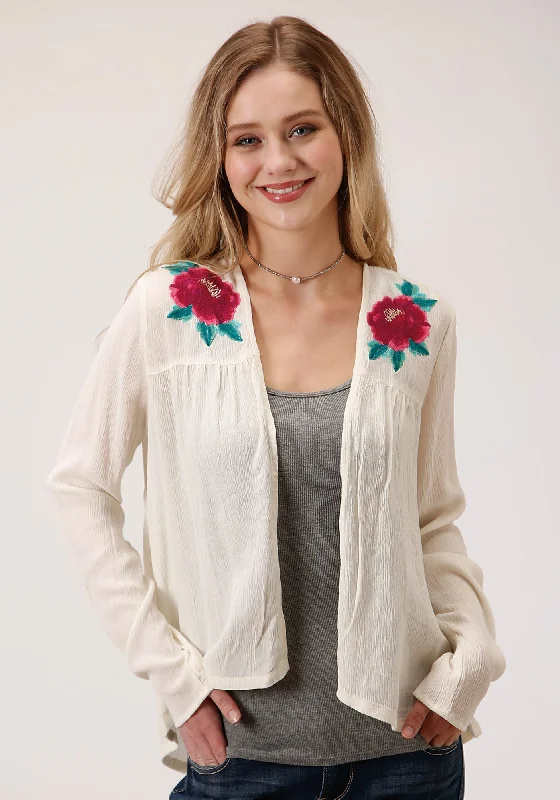 Roper Womens Cream Rayon/Nylon Floral Embroidery Cardigan