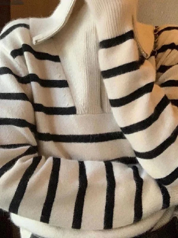 Stripe Splice Lapel Neck Half Zip Sweater