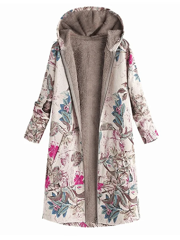 Women Leaves Print Long Sleeve Hooded Fleece Maxi Coats Jacket