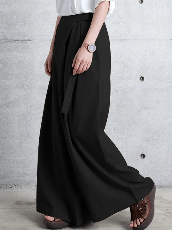 Women Side Zipper Solid Color Casual Wide Leg Pants with Pocket