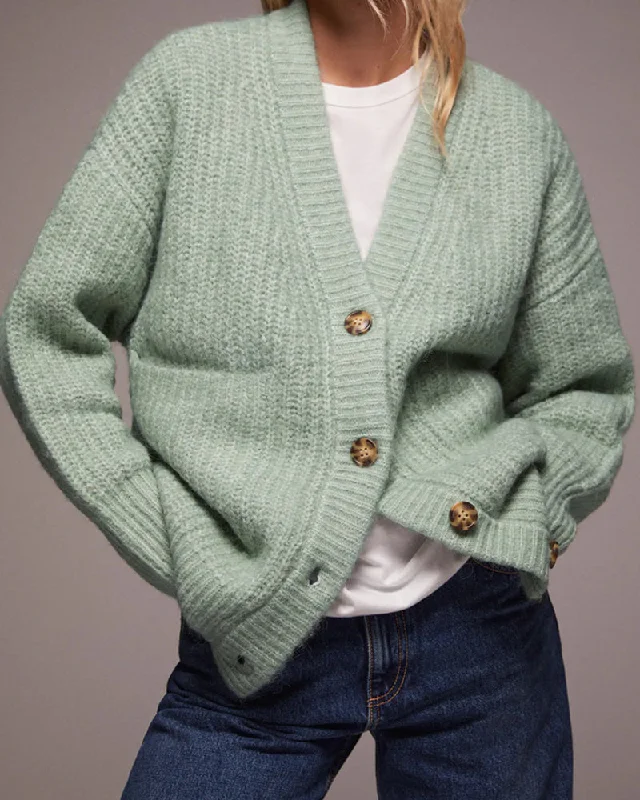 V-neck Single-breasted Knit Oversize Cardigans